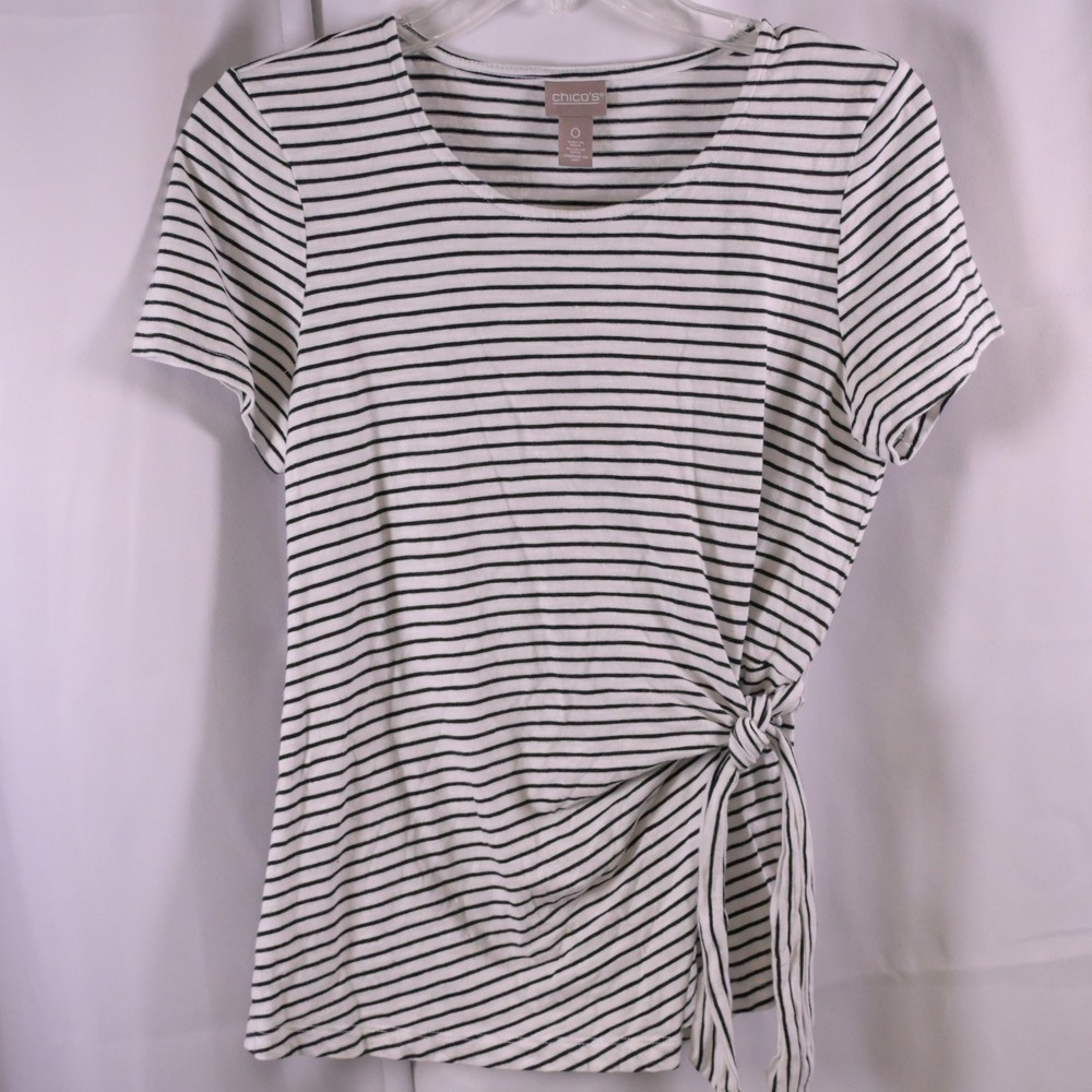 Chico's Black White Stripe Tie Side Round Neck Short Sleeve Top Women's 0 US 4